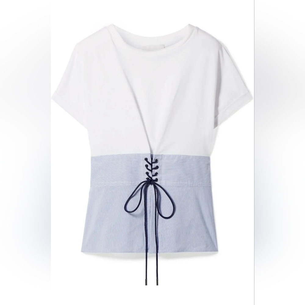 3.1 Phillip LimLace-Up Cotton-Jersey and Striped Poplin Top